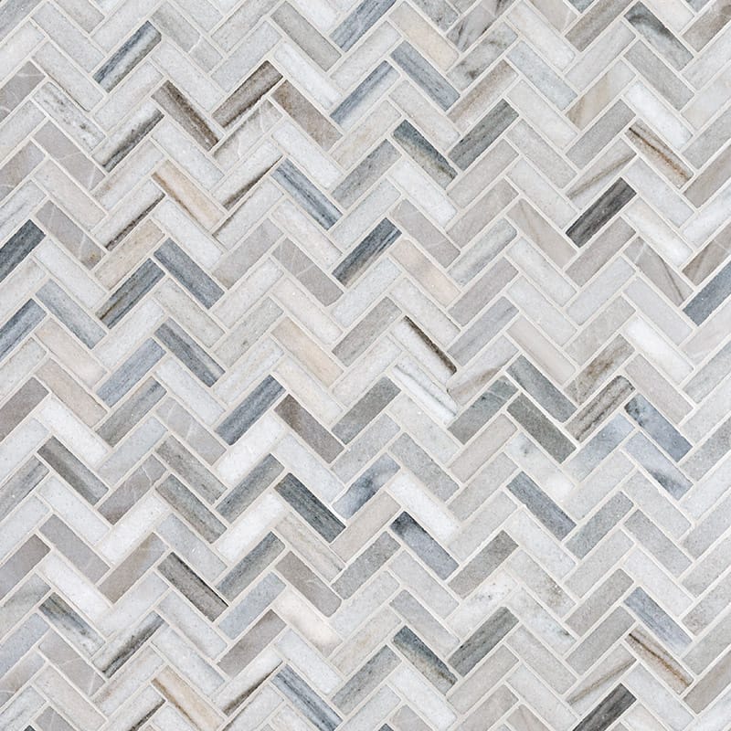 skyline marble herringbone 5 of 8 by 2 inch rectangle shape natural stone mosaic sheet polished finish 12 and 1 of 8 by 13 and 3 of 8 by 3 of 8 straight edge for interior and exterior applications in shower kitchen bathroom backsplash floor and wall produced by marble systems and distributed by surface group international