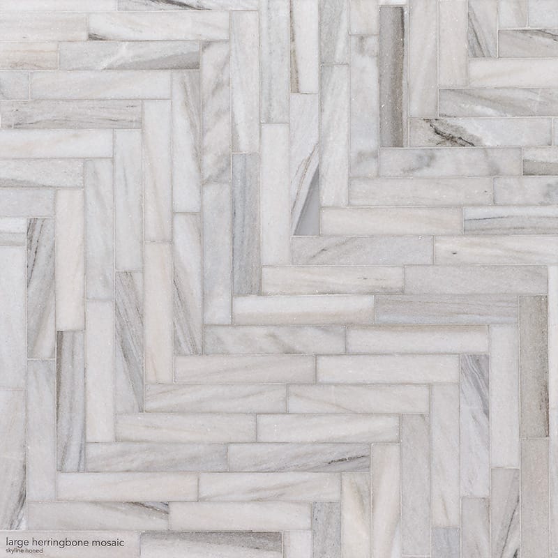skyline marble large herringbone rectangle shape natural stone mosaic sheet polished finish 12 and 7 of 8 by 8 and 9 of 16 by  straight edge for interior and exterior applications in shower kitchen bathroom backsplash floor and wall produced by marble systems and distributed by surface group international