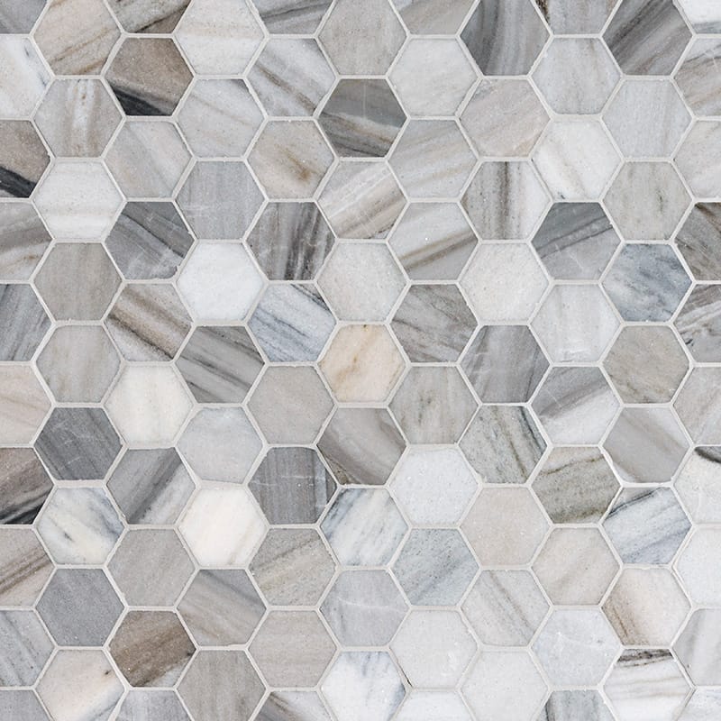 skyline marble hexagon shape shape natural stone mosaic sheet honed finish 10 and 3 of 8 by 12 by 3 of 8 straight edge for interior and exterior applications in shower kitchen bathroom backsplash floor and wall produced by marble systems and distributed by surface group international