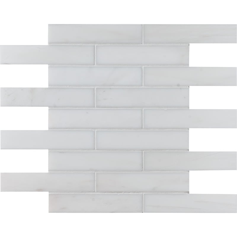 snow white marble staggered joint 1 by 6 inch rectangle shape natural stone mosaic modern sheet polished finish 12 by 12 by 3 of 8 straight edge for interior and exterior applications in shower kitchen bathroom backsplash floor and wall produced by marble systems and distributed by surface group international