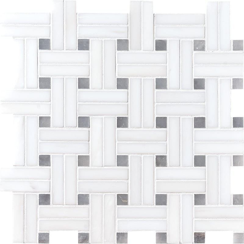 snow white  bosphorus marble diagonal basket weave multi shape natural stone mosaic sheet honed finish 12 by 12 by 3 of 8 straight edge for interior and exterior applications in shower kitchen bathroom backsplash floor and wall produced by marble systems and distributed by surface group international