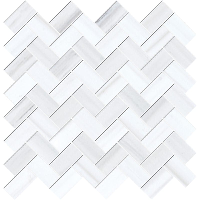 bianco dolomiti classic marble herringbone 1 by 2 inch rectangle shape natural stone mosaic sheet polished finish 12 and 1 of 8 by 13 and 3 of 8 by 3 of 8 straight edge for interior and exterior applications in shower kitchen bathroom backsplash floor and wall produced by marble systems and distributed by surface group international