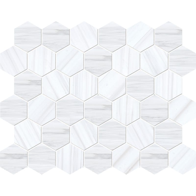 bianco dolomiti classic marble hexagon shape shape natural stone mosaic sheet polished finish 10 and 3 of 8 by 12 by 3 of 8 straight edge for interior and exterior applications in shower kitchen bathroom backsplash floor and wall produced by marble systems and distributed by surface group international
