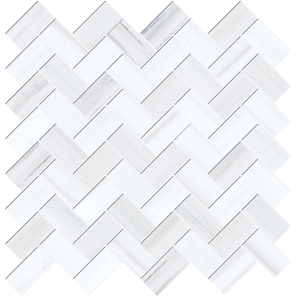 bianco dolomiti classic marble herringbone 1 by 2 inch rectangle shape natural stone mosaic sheet honed finish 12 and 1 of 8 by 13 and 3 of 8 by 3 of 8 straight edge for interior and exterior applications in shower kitchen bathroom backsplash floor and wall produced by marble systems and distributed by surface group international