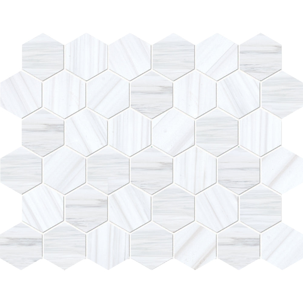 bianco dolomiti classic marble hexagon shape shape natural stone mosaic sheet honed finish 10 and 3 of 8 by 12 by 3 of 8 straight edge for interior and exterior applications in shower kitchen bathroom backsplash floor and wall produced by marble systems and distributed by surface group international