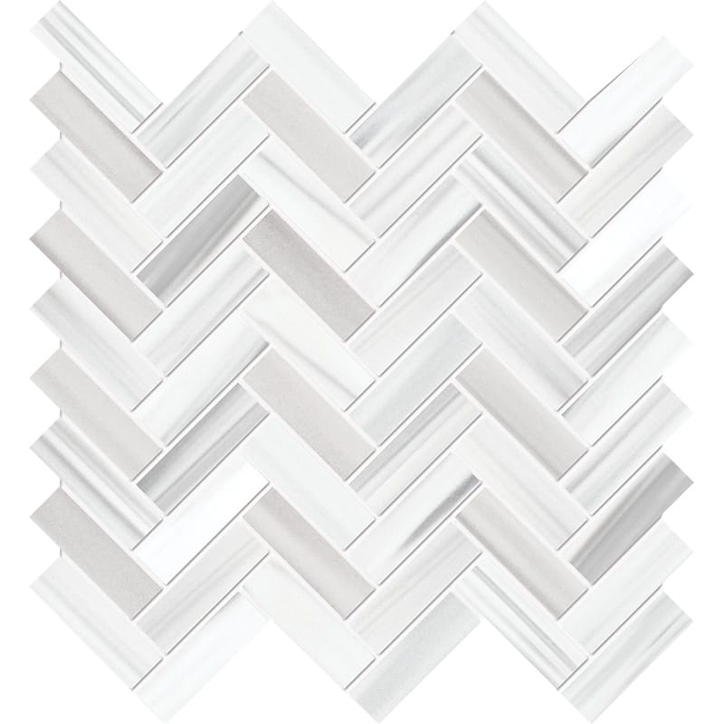 frost white marble herringbone 5 of 8 by 2 inch rectangle shape natural stone mosaic sheet polished finish 12 and 1 of 8 by 13 and 3 of 8 by 3 of 8 straight edge for interior and exterior applications in shower kitchen bathroom backsplash floor and wall produced by marble systems and distributed by surface group international