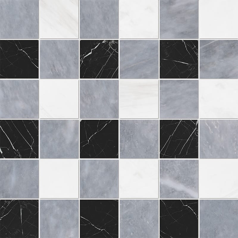 black allure light snow white marble petite chester 2 by 2 inch square shape natural stone mosaic sheet honed finish 12 by 12 by 3 of 8 straight edge for interior and exterior applications in shower kitchen bathroom backsplash floor and wall produced by marble systems and distributed by surface group international