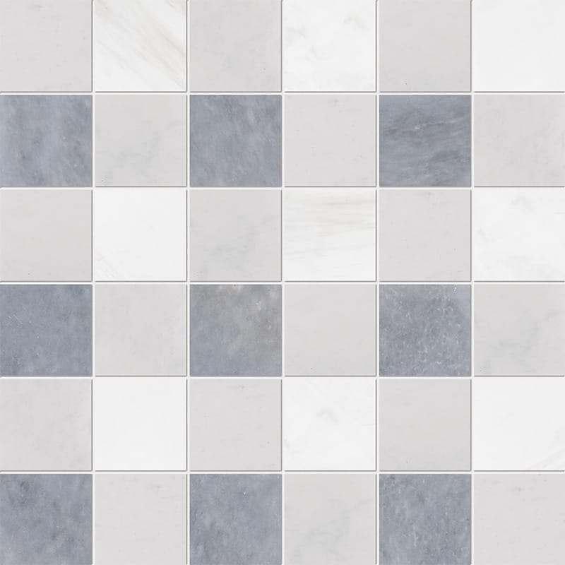 glacier allure light snow white marble petite chester 2 by 2 inch square shape natural stone mosaic sheet honed finish 12 by 12 by 3 of 8 straight edge for interior and exterior applications in shower kitchen bathroom backsplash floor and wall produced by marble systems and distributed by surface group international