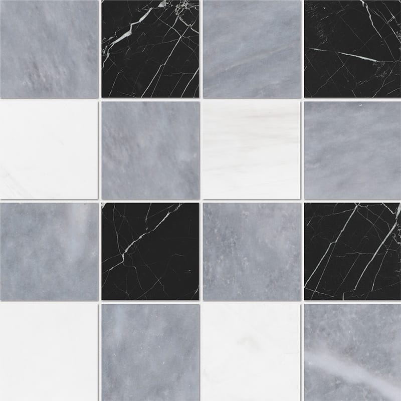 black allure light snow white marble grande chester 4 by 4 inch square shape natural stone mosaic sheet honed finish 16 by 16 by 3 of 8 straight edge for interior and exterior applications in shower kitchen bathroom backsplash floor and wall produced by marble systems and distributed by surface group international