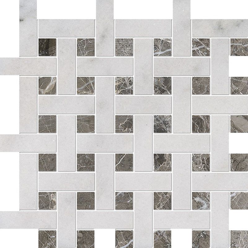 avalon silver drop marble basketweave 1 by 3 inch multi shape natural stone mosaic sheet polished finish 12 and 5 of 8 by 12 and 5 of 8 by 3 of 8 straight edge for interior and exterior applications in shower kitchen bathroom backsplash floor and wall produced by marble systems and distributed by surface group international