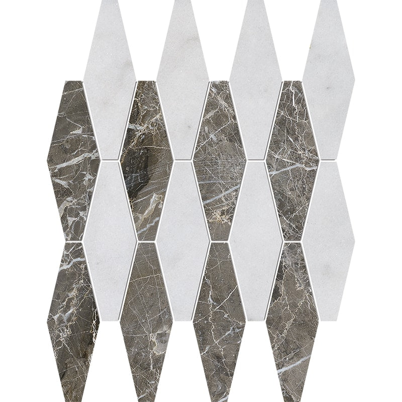 avalon silver drop marble rhomboid blend natural stone mosaic sheet polished finish 11 by 14 and 15 of 16 by 3 of 8 straight edge for interior and exterior applications in shower kitchen bathroom backsplash floor and wall produced by marble systems and distributed by surface group international