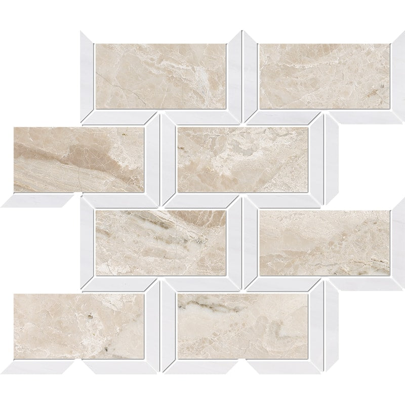 diana royal snow white marble cascade multi shape natural stone mosaic sheet honed finish polished finish 9 and 5 of 8 by 11 and 13 of 16 by 3 of 8 straight edge for interior and exterior applications in shower kitchen bathroom backsplash floor and wall produced by marble systems and distributed by surface group international