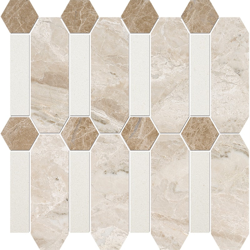 diana royal champagne arctic gray marble limestone pillar multi shape natural stone mosaic sheet honed finish polished finish 13 by 13 by 3 of 8 straight edge for interior and exterior applications in shower kitchen bathroom backsplash floor and wall produced by marble systems and distributed by surface group international