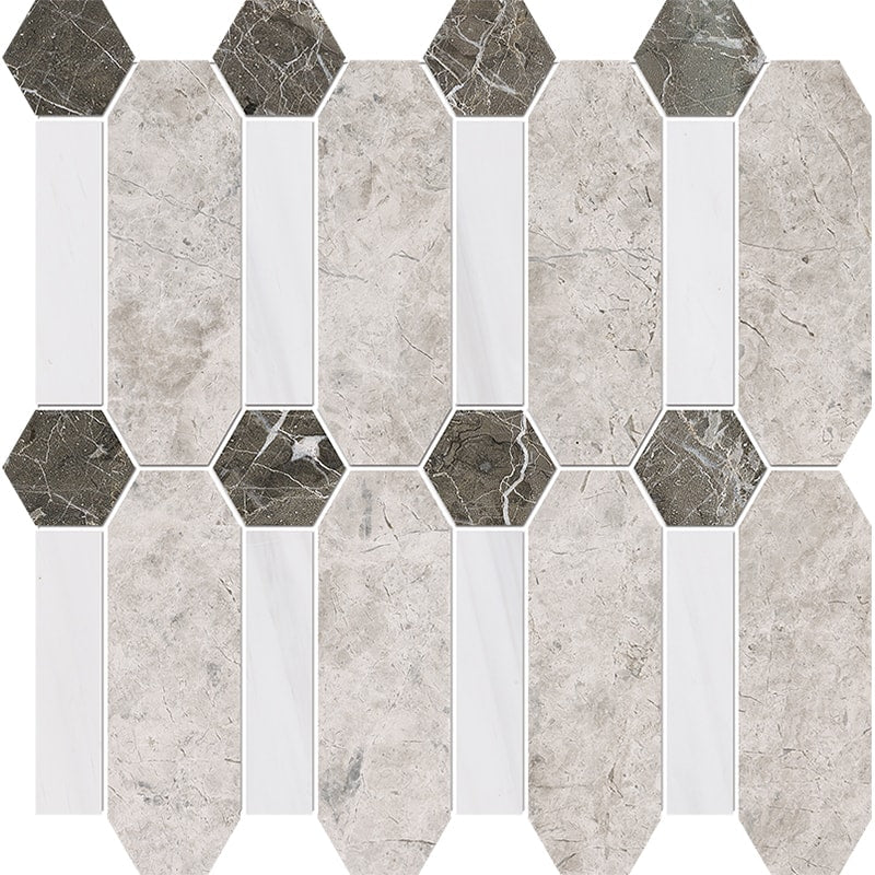 silver clouds snow white allure marble pillar multi shape natural stone mosaic sheet honed finish polished finish 13 by 13 by 3 of 8 straight edge for interior and exterior applications in shower kitchen bathroom backsplash floor and wall produced by marble systems and distributed by surface group international