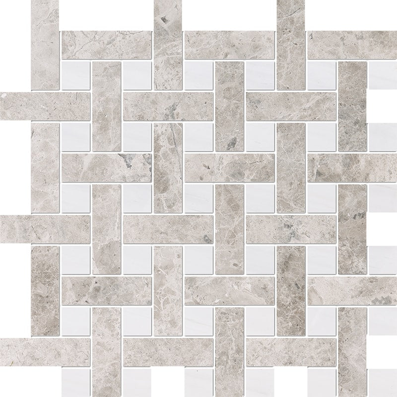 silver clouds snow white marble basketweave 1 by 3 inch multi shape natural stone mosaic sheet honed finish polished finish 12 and 5 of 8 by 12 and 5 of 8 by 3 of 8 straight edge for interior and exterior applications in shower kitchen bathroom backsplash floor and wall produced by marble systems and distributed by surface group international