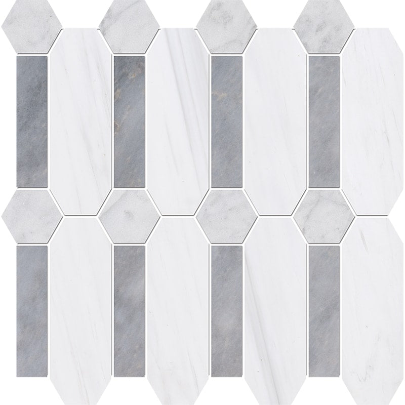snow white allure marble pillar multi shape natural stone mosaic sheet honed finish polished finish 13 by 13 by 3 of 8 straight edge for interior and exterior applications in shower kitchen bathroom backsplash floor and wall produced by marble systems and distributed by surface group international