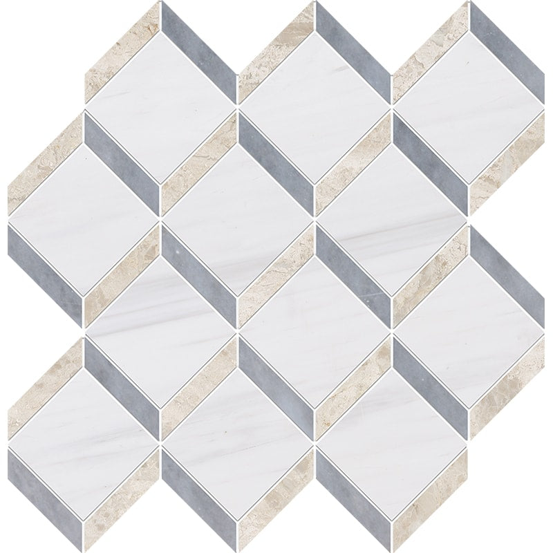 snow white diana royal allure marble steps 3d multi shape natural stone mosaic sheet polished finish 14 and 9 of 16 by 14 and 15 of 16 by 3 of 8 straight edge for interior and exterior applications in shower kitchen bathroom backsplash floor and wall produced by marble systems and distributed by surface group international