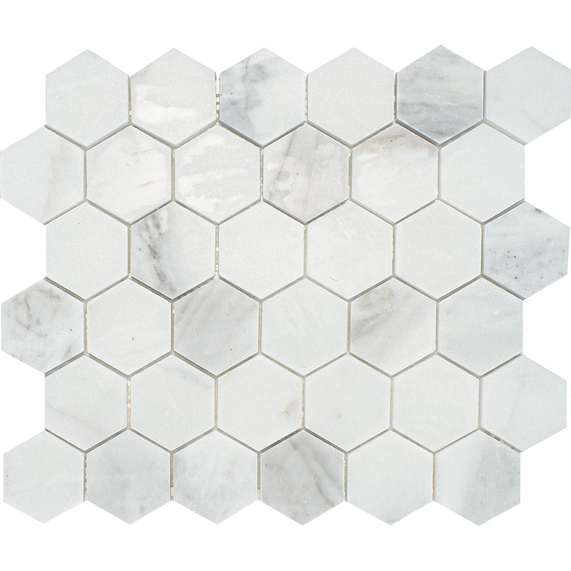 calacatta gold royal marble hexagon shape shape natural stone mosaic sheet honed finish 10 and 3 of 8 by 12 by 3 of 8 straight edge for interior and exterior applications in shower kitchen bathroom backsplash floor and wall produced by marble systems and distributed by surface group international
