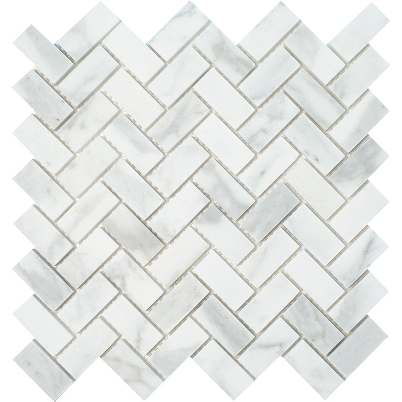 calacatta gold royal marble herringbone 1 by 2 inch rectangle shape natural stone mosaic sheet honed finish 12 and 1 of 8 by 13 and 3 of 8 by 3 of 8 straight edge for interior and exterior applications in shower kitchen bathroom backsplash floor and wall produced by marble systems and distributed by surface group international