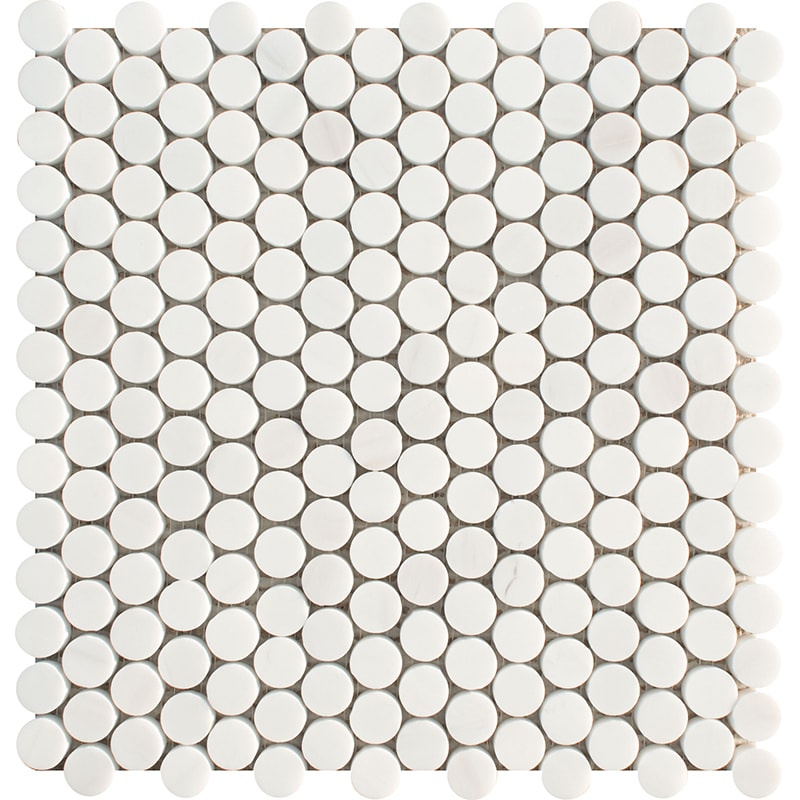 snow white marble penny round circle natural stone mosaic sheet honed finish 11 and 1 of 4 by 11 and 3 of 4 by 3 of 8 straight edge for interior and exterior applications in shower kitchen bathroom backsplash floor and wall produced by marble systems and distributed by surface group international