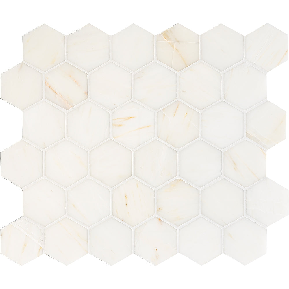 calacatta amber marble hexagon shape shape natural stone mosaic sheet honed finish 10 and 3 of 8 by 12 by 3 of 8 straight edge for interior and exterior applications in shower kitchen bathroom backsplash floor and wall produced by marble systems and distributed by surface group international