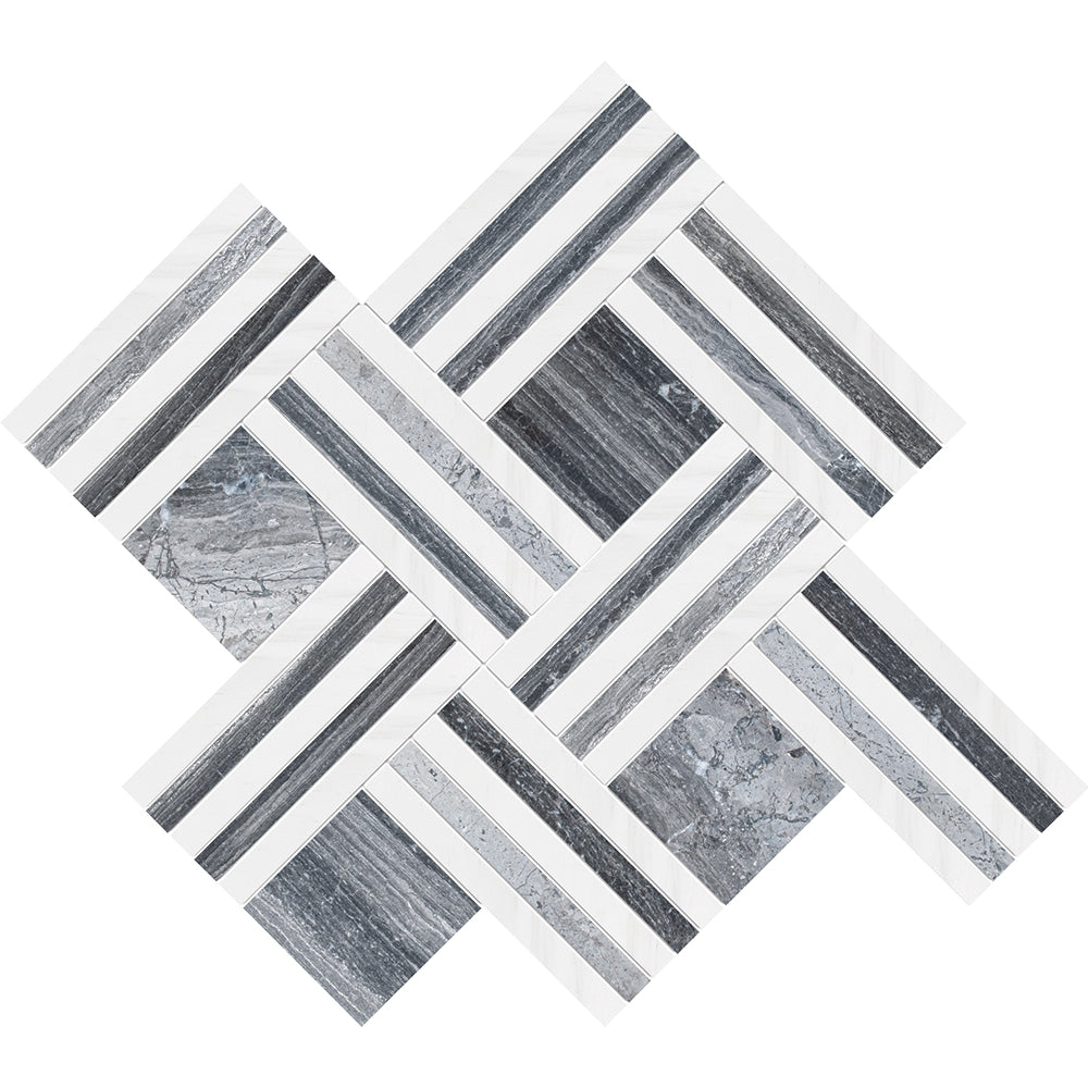 haisa black snow white marble maze basket multi shape natural stone mosaic sheet honed finish 14 and 15 of 16 by 17 and 11 of 16 by 3 of 8 straight edge for interior and exterior applications in shower kitchen bathroom backsplash floor and wall produced by marble systems and distributed by surface group international