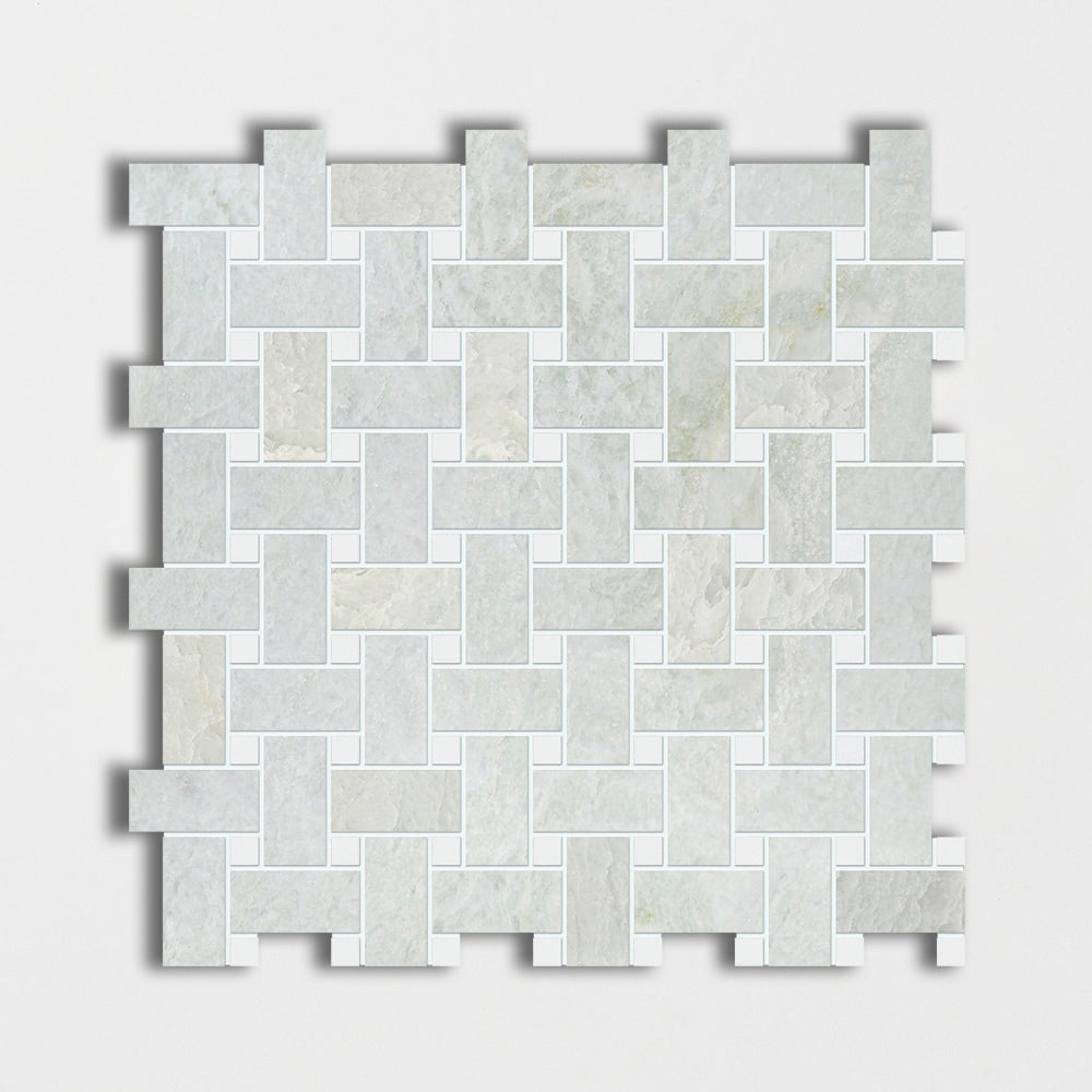 ming green thassos white marble basketweave 1 by 2 inch multi shape natural stone mosaic sheet polished finish 12 by 12 by 3 of 8 straight edge for interior and exterior applications in shower kitchen bathroom backsplash floor and wall produced by marble systems and distributed by surface group international