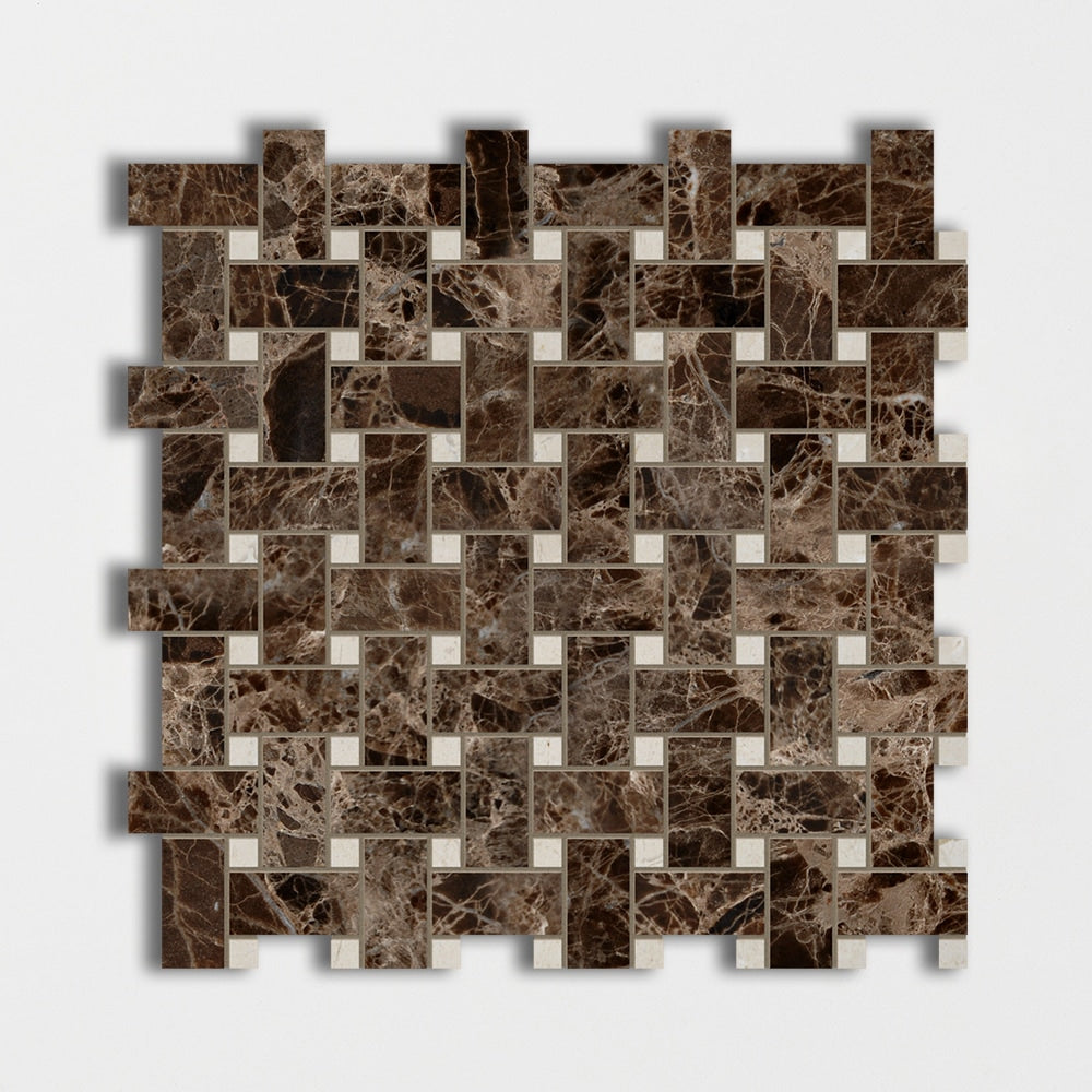 emperador dark crema marfil marble basketweave 1 by 2 inch multi shape natural stone mosaic sheet polished finish 12 by 12 by 3 of 8 straight edge for interior and exterior applications in shower kitchen bathroom backsplash floor and wall produced by marble systems and distributed by surface group international