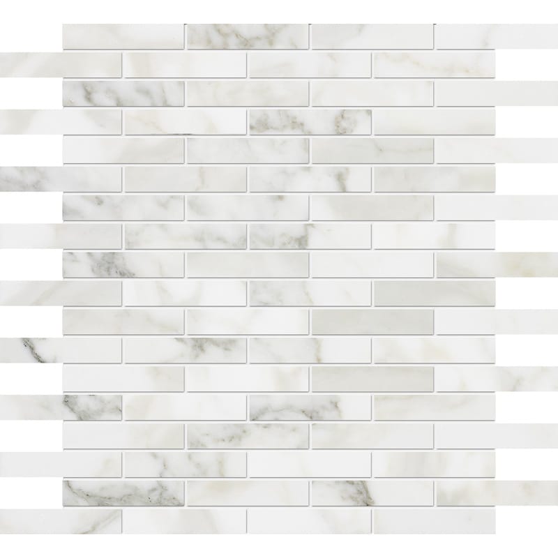 calacatta gold marble staggered joint 5 of 8 by 3 inch rectangle shape natural stone mosaic sheet polished finish 12 by 12 by 3 of 8 straight edge for interior and exterior applications in shower kitchen bathroom backsplash floor and wall produced by marble systems and distributed by surface group international