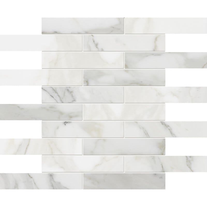 calacatta gold marble staggered joint 1 by 6 inch rectangle shape natural stone mosaic sheet polished finish 12 by 12 by 3 of 8 straight edge for interior and exterior applications in shower kitchen bathroom backsplash floor and wall produced by marble systems and distributed by surface group international