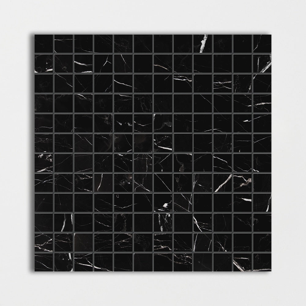 black marble straight edge joint 1 by 1 inch square shape natural stone mosaic sheet honed finish 12 by 12 by 3 of 8 straight edge for interior and exterior applications in shower kitchen bathroom backsplash floor and wall produced by marble systems and distributed by surface group international