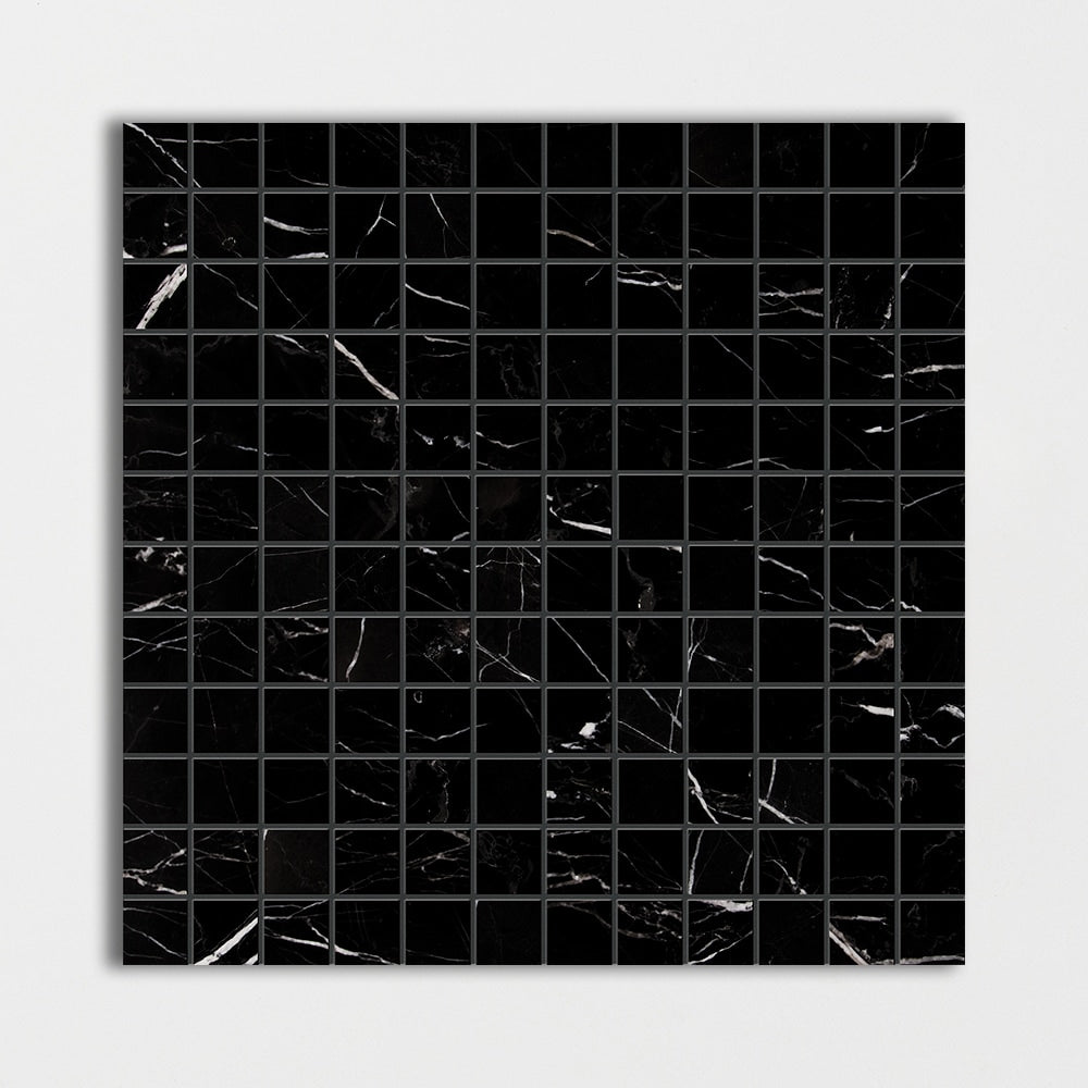 black marble straight edge joint 1 by 1 inch square shape natural stone mosaic sheet polished finish 12 by 12 by 3 of 8 straight edge for interior and exterior applications in shower kitchen bathroom backsplash floor and wall produced by marble systems and distributed by surface group international