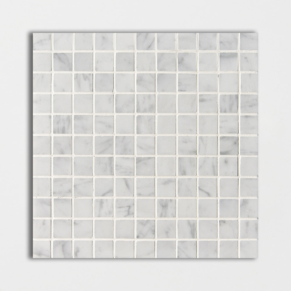 white carrara marble straight edge joint 1 by 1 inch square shape natural stone mosaic sheet honed finish 12 by 12 by 3 of 8 straight edge for interior and exterior applications in shower kitchen bathroom backsplash floor and wall produced by marble systems and distributed by surface group international