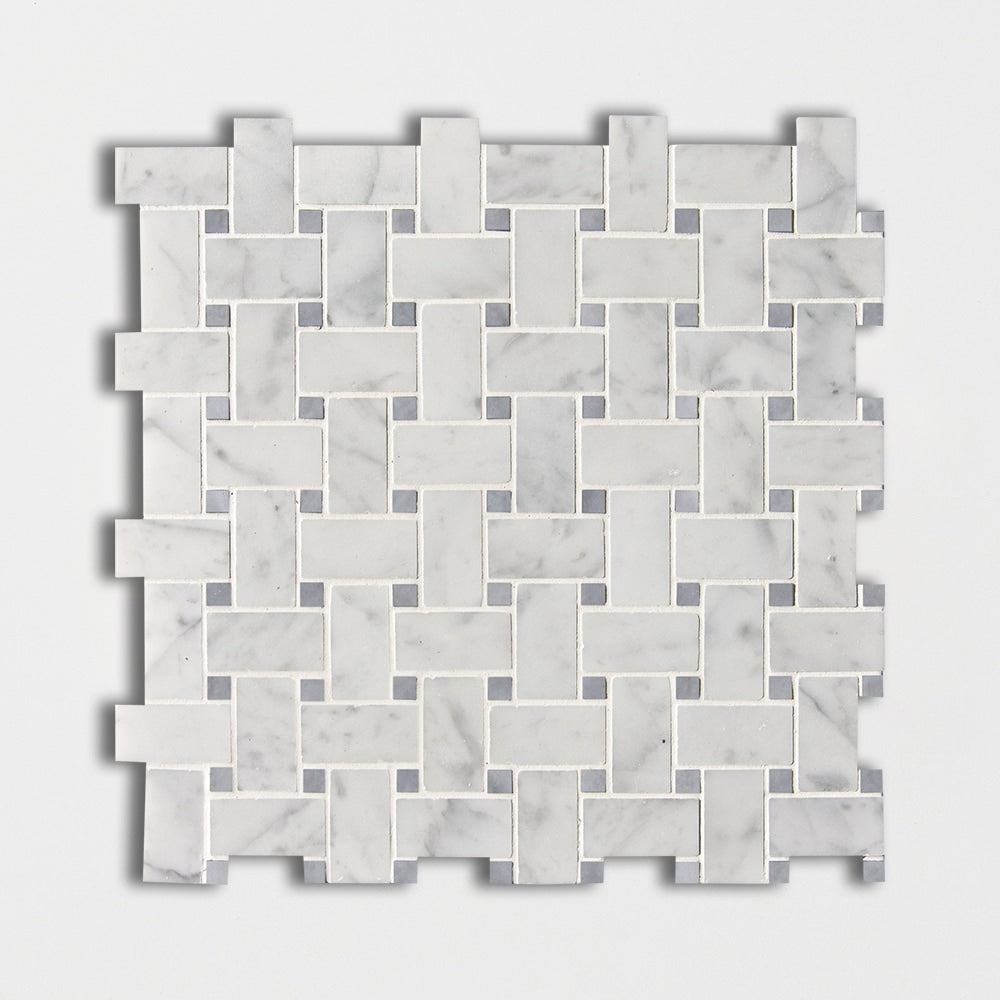 white carrara marble basketweave 1 by 2 inch multi shape natural stone mosaic sheet honed finish 12 by 12 by 3 of 8 straight edge for interior and exterior applications in shower kitchen bathroom backsplash floor and wall produced by marble systems and distributed by surface group international