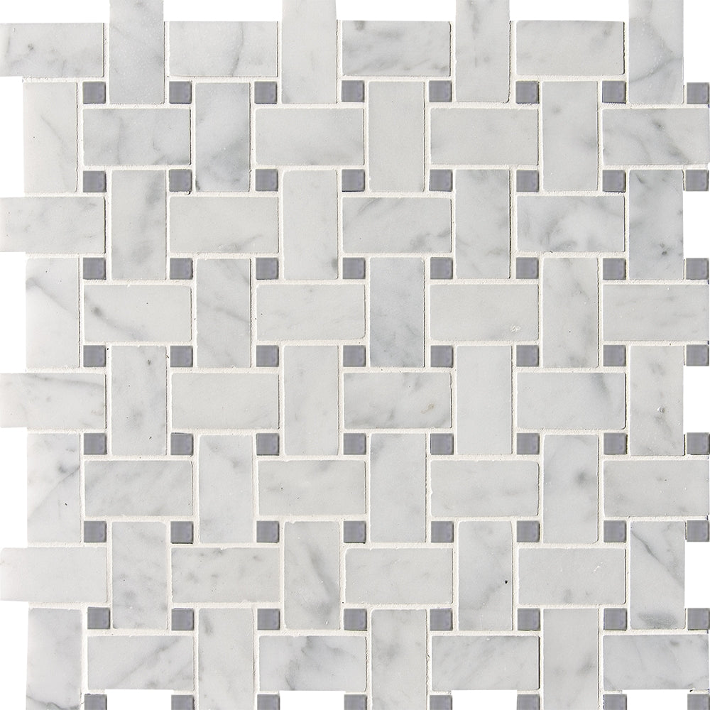 white carrara marble basketweave 1 by 2 inch multi shape natural stone mosaic sheet polished finish 12 by 12 by 3 of 8 straight edge for interior and exterior applications in shower kitchen bathroom backsplash floor and wall produced by marble systems and distributed by surface group international