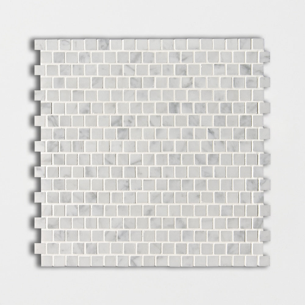white carrara marble stagered joint 5 of 8 by 5 of 8 inch square shape natural stone mosaic sheet polished finish 12 by 12 by 3 of 8 straight edge for interior and exterior applications in shower kitchen bathroom backsplash floor and wall produced by marble systems and distributed by surface group international