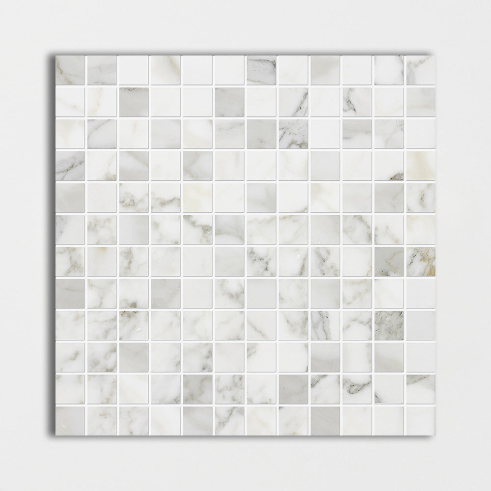 calacatta gold marble straight edge joint 1 by 1 inch square shape natural stone mosaic sheet polished finish 12 by 12 by 3 of 8 straight edge for interior and exterior applications in shower kitchen bathroom backsplash floor and wall produced by marble systems and distributed by surface group international
