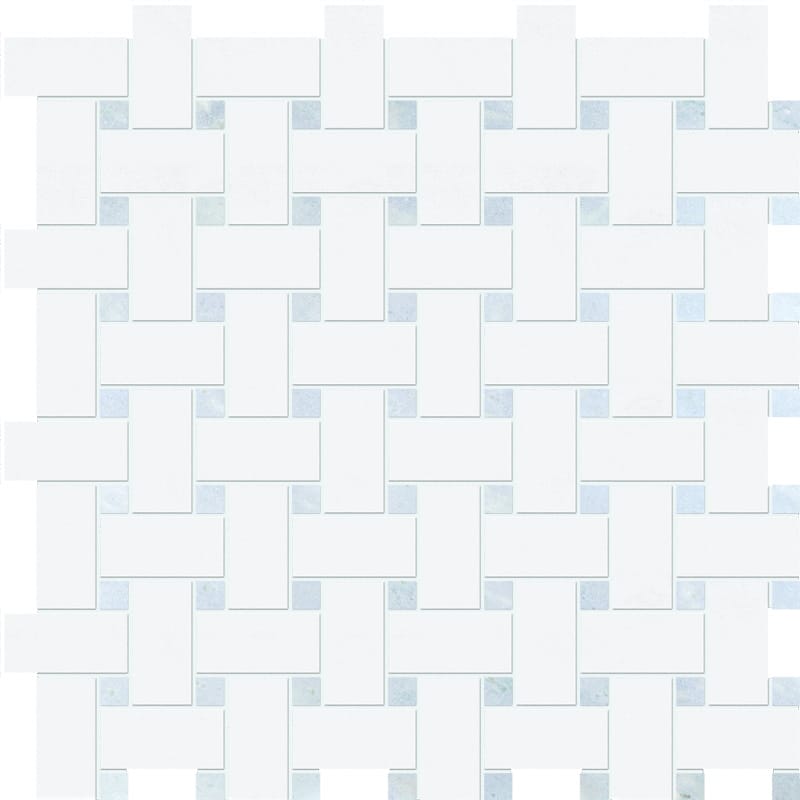 thassos white blue celeste marble basketweave 1 by 2 inch multi shape natural stone mosaic sheet polished finish 12 by 12 by 3 of 8 straight edge for interior and exterior applications in shower kitchen bathroom backsplash floor and wall produced by marble systems and distributed by surface group international