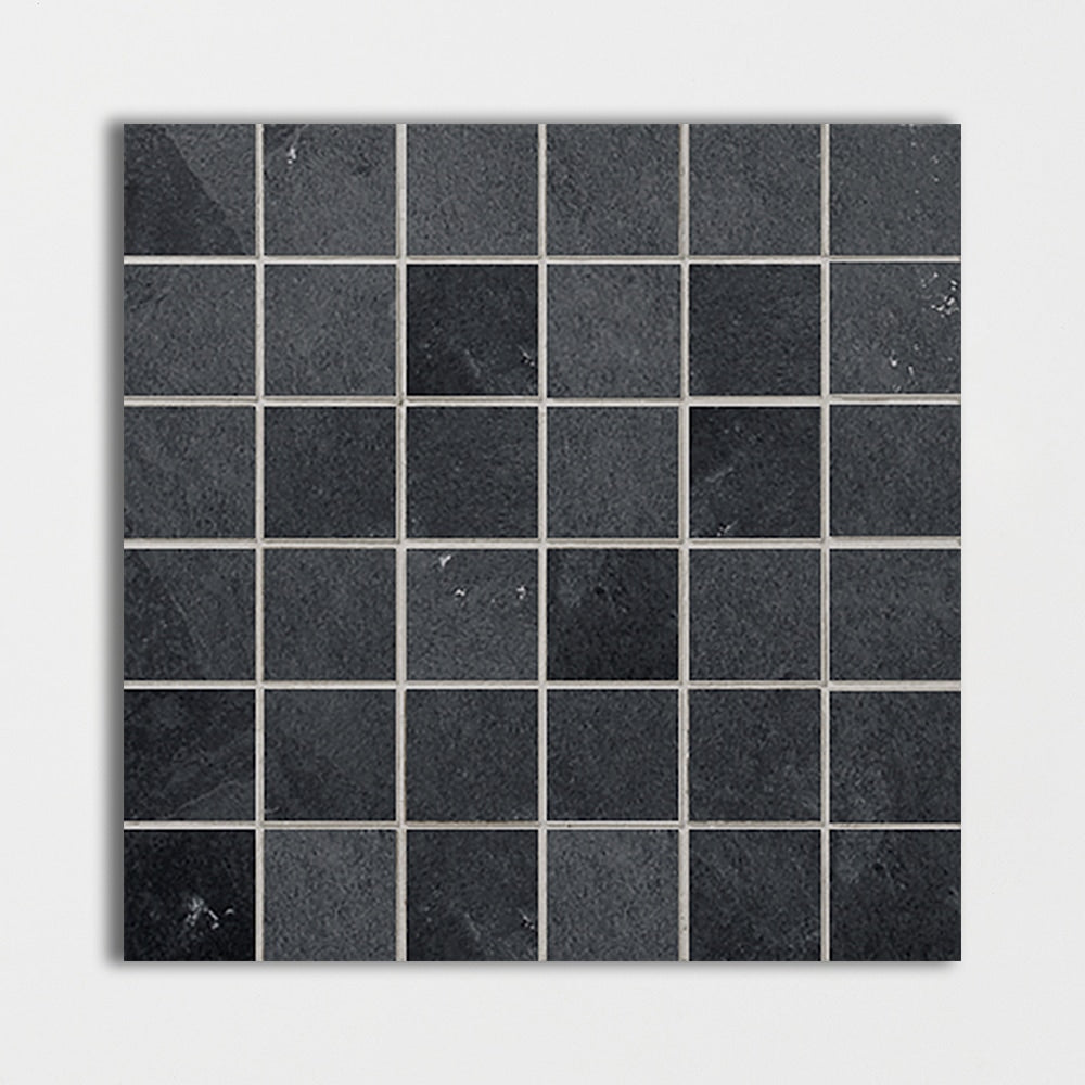 ember ash slate straight edge joint 2 by 2 inch square shape natural stone mosaic sheet cleft 12 by 12 by 3 of 8 straight edge for interior and exterior applications in shower kitchen bathroom backsplash floor and wall produced by marble systems and distributed by surface group international