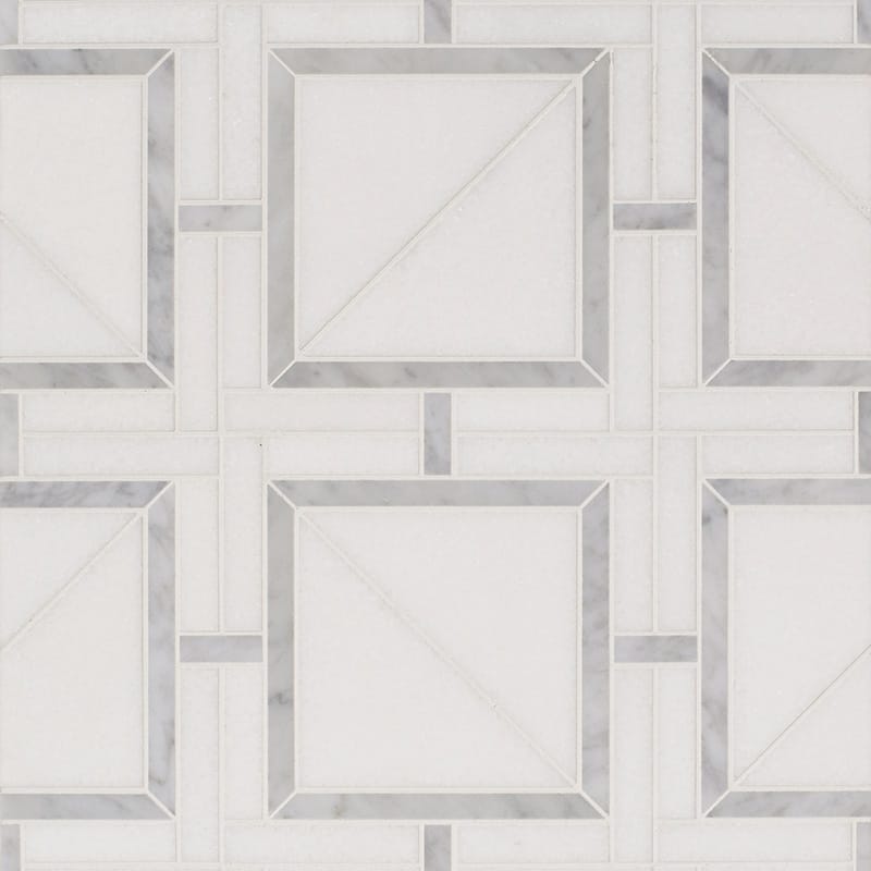 thassos white white carrara marble magra lattice multi shape natural stone mosaic sheet multi 11 and 11 of 16 by 11 and 11 of 16 by 3 of 8 straight edge for interior and exterior applications in shower kitchen bathroom backsplash floor and wall produced by marble systems and distributed by surface group international