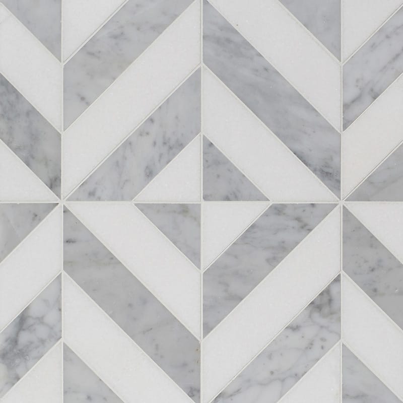 thassos white white carrara marble marina chevron multi shape natural stone mosaic sheet multi 8 by 8 and 1 of 16 by 3 of 8 straight edge for interior and exterior applications in shower kitchen bathroom backsplash floor and wall produced by marble systems and distributed by surface group international