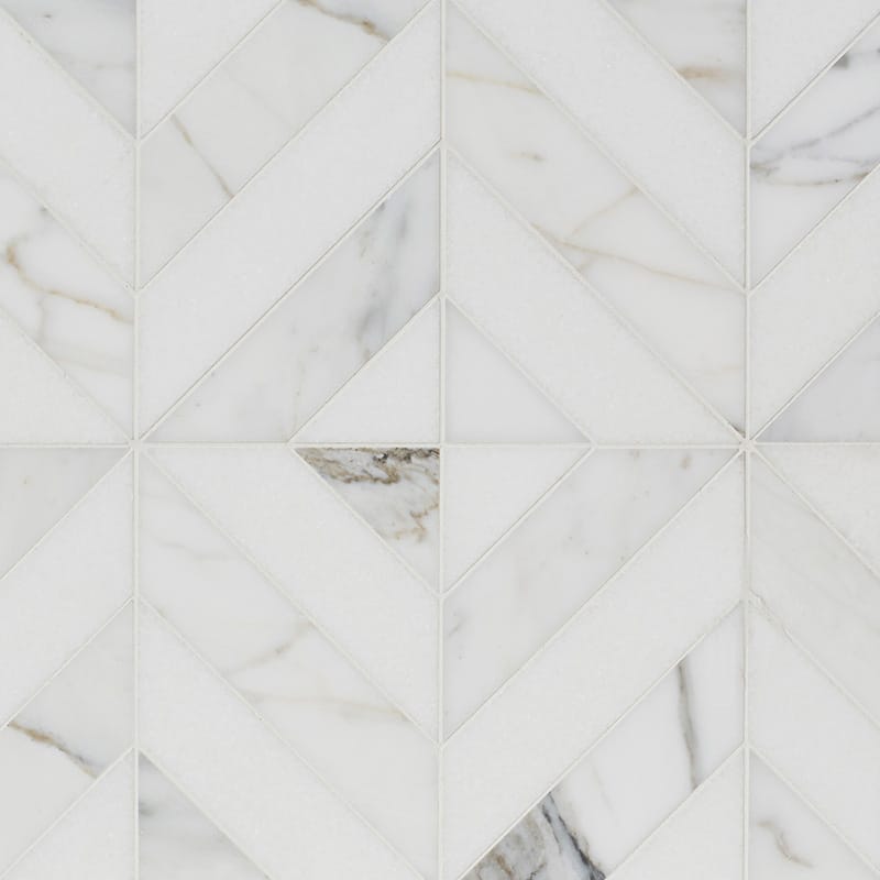 thassos white calacatta gold marble marina chevron multi shape natural stone mosaic sheet multi 8 by 8 and 1 of 16 by 3 of 8 straight edge for interior and exterior applications in shower kitchen bathroom backsplash floor and wall produced by marble systems and distributed by surface group international