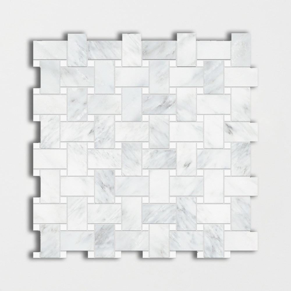 calacatta bella thassos white marble basketweave 1 by 2 inch multi shape natural stone mosaic sheet polished finish 12 by 12 by 3 of 8 straight edge for interior and exterior applications in shower kitchen bathroom backsplash floor and wall produced by marble systems and distributed by surface group international