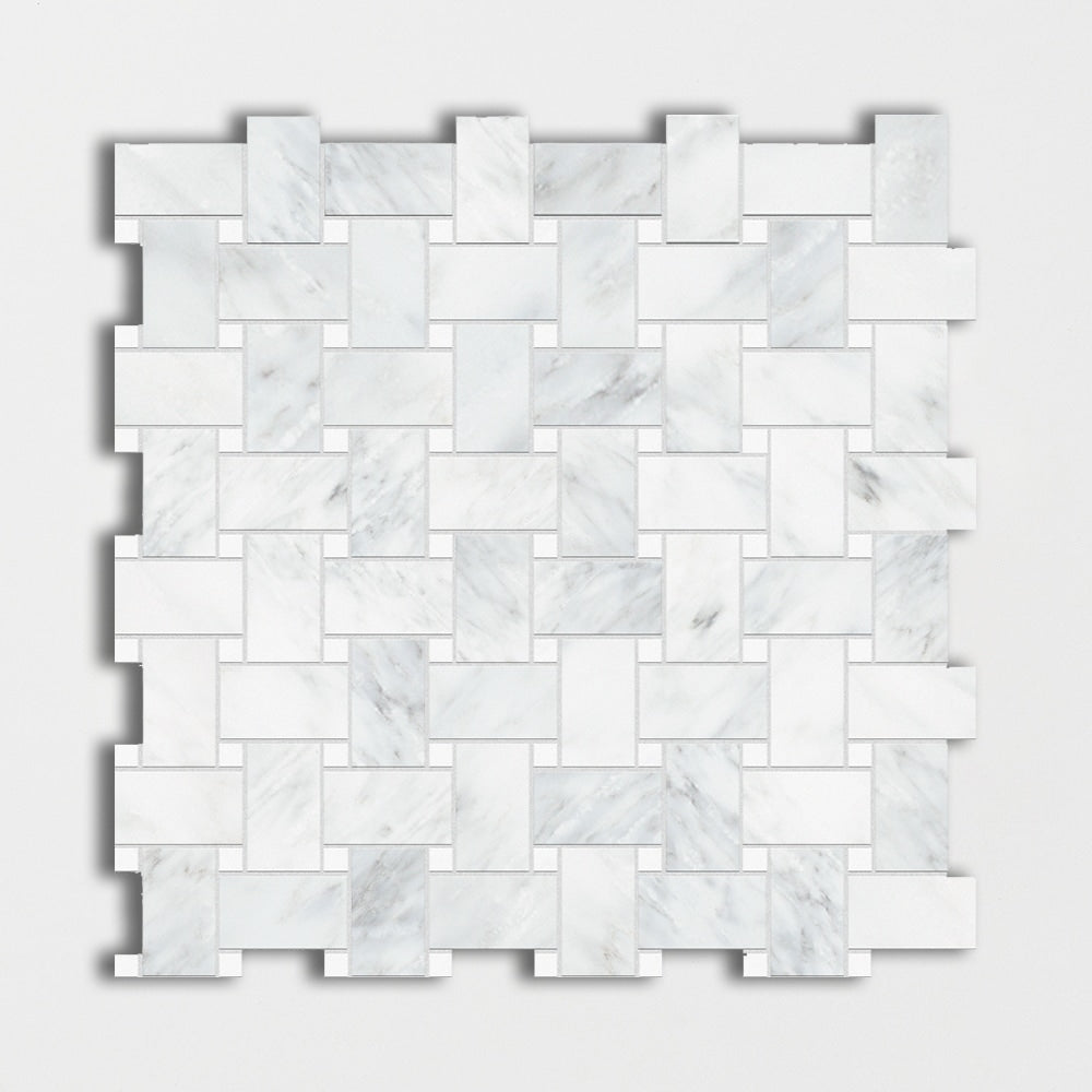 calacatta bella thassos white marble basketweave 1 by 2 inch multi shape natural stone mosaic sheet honed finish 12 by 12 by 3 of 8 straight edge for interior and exterior applications in shower kitchen bathroom backsplash floor and wall produced by marble systems and distributed by surface group international