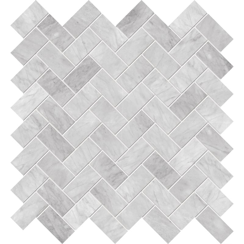 white carrara marble herringbone 1 by 2 inch rectangle shape natural stone mosaic sheet honed finish 12 by 12 by 3 of 8 straight edge for interior and exterior applications in shower kitchen bathroom backsplash floor and wall produced by marble systems and distributed by surface group international