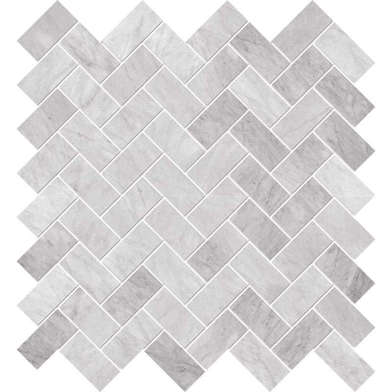 white carrara marble herringbone 1 by 2 inch rectangle shape natural stone mosaic sheet polished finish 12 by 12 by 3 of 8 straight edge for interior and exterior applications in shower kitchen bathroom backsplash floor and wall produced by marble systems and distributed by surface group international