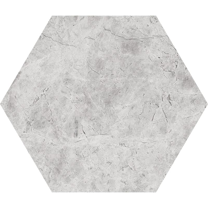 silver shadow marble natural stone waterjet tile hexagon shape honed finish 5 by side diameterx3 of 8 straight edge for interior and exterior applications in shower kitchen bathroom backsplash floor and wall produced by marble systems and distributed by surface group international