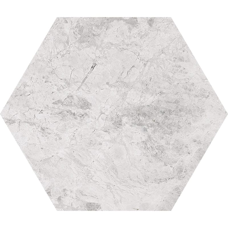 silver clouds marble natural stone waterjet tile hexagon shape polished finish 5 by side diameterx3 of 8 straight edge for interior and exterior applications in shower kitchen bathroom backsplash floor and wall produced by marble systems and distributed by surface group international