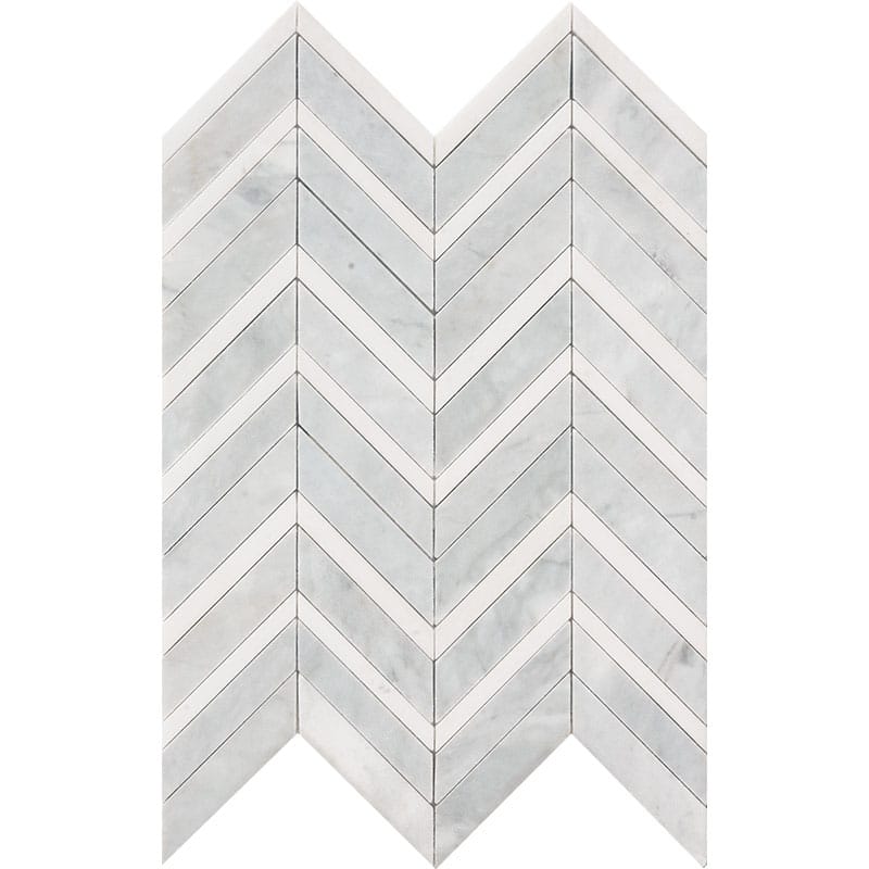 avenza aspen white marble chevron natural stone waterjet mosaic sheet honed finish polished finish 11 and 7 of 8 by 16 by 3 of 8 straight edge for interior and exterior applications in shower kitchen bathroom backsplash floor and wall produced by marble systems and distributed by surface group international