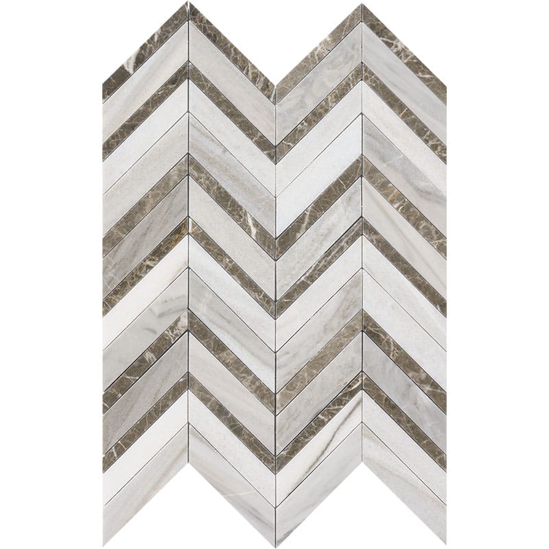 skyline silver drop marble chevron natural stone waterjet mosaic sheet honed finish polished finish 11 and 7 of 8 by 16 by 3 of 8 straight edge for interior and exterior applications in shower kitchen bathroom backsplash floor and wall produced by marble systems and distributed by surface group international